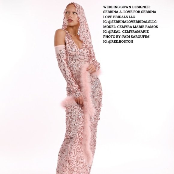 Sample Gown "TONI" Rose Gold Sequin Blush Hybrid Sheath Mermaid Wedding Gown Set - Picture 11 of 16